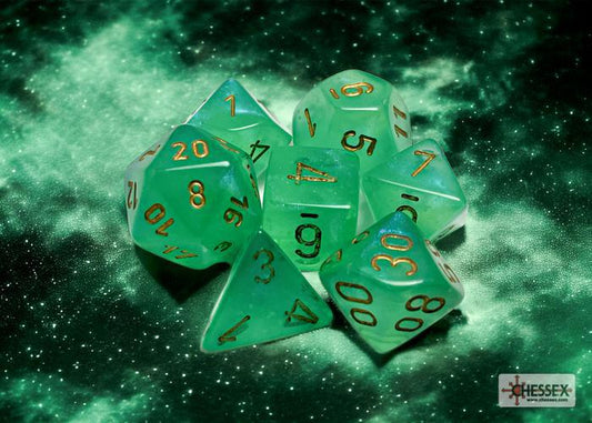 CHX27575 - Borealis Light Green/gold Luminary Polyhedral 7-Dice Set